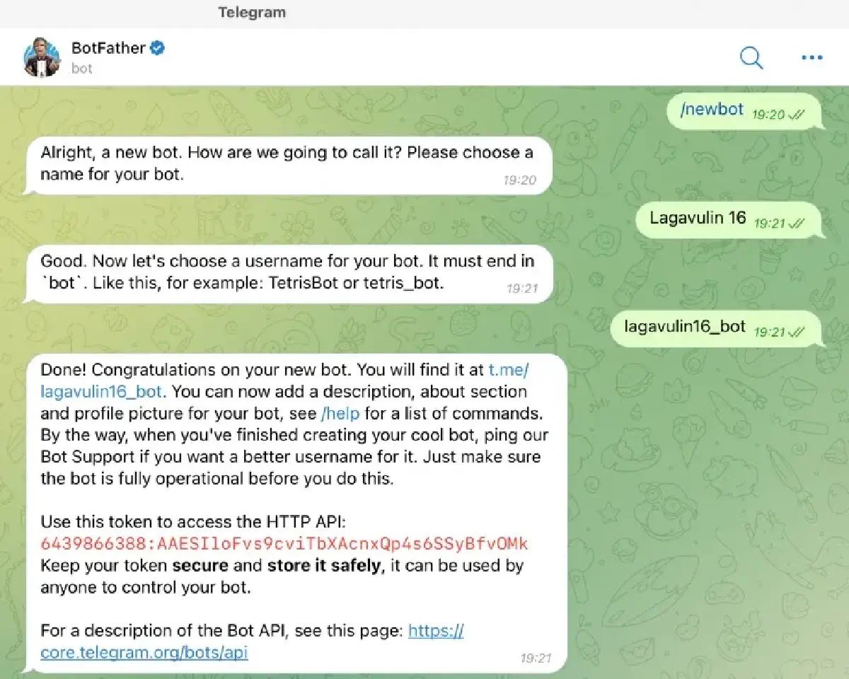 Registering a new bot on Telegram and obtaining a token via BotFather