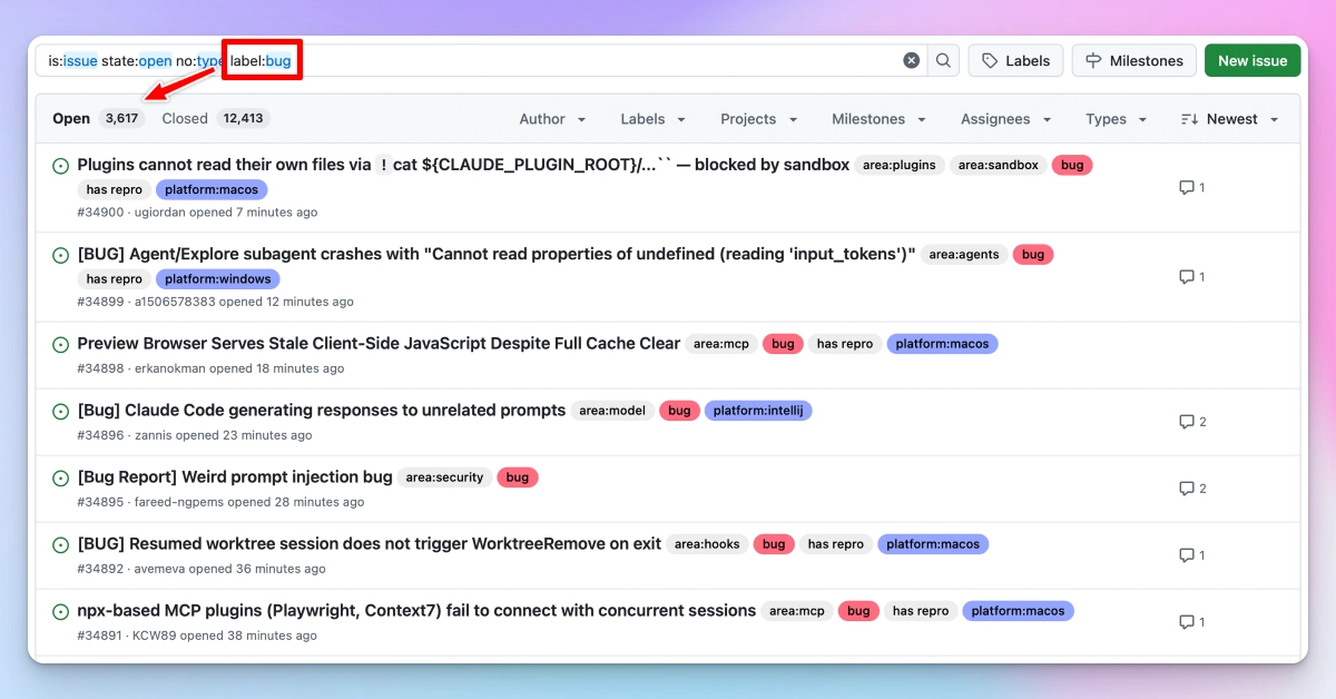 Claude Code GitHub issue tracker filtered by open bugs