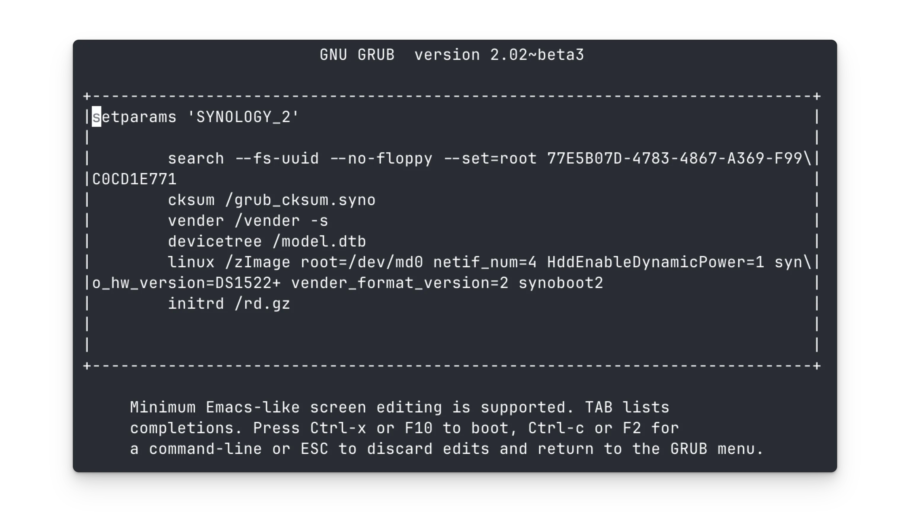 Figure 6. GRUB Bootloader Parameters on Synology NAS