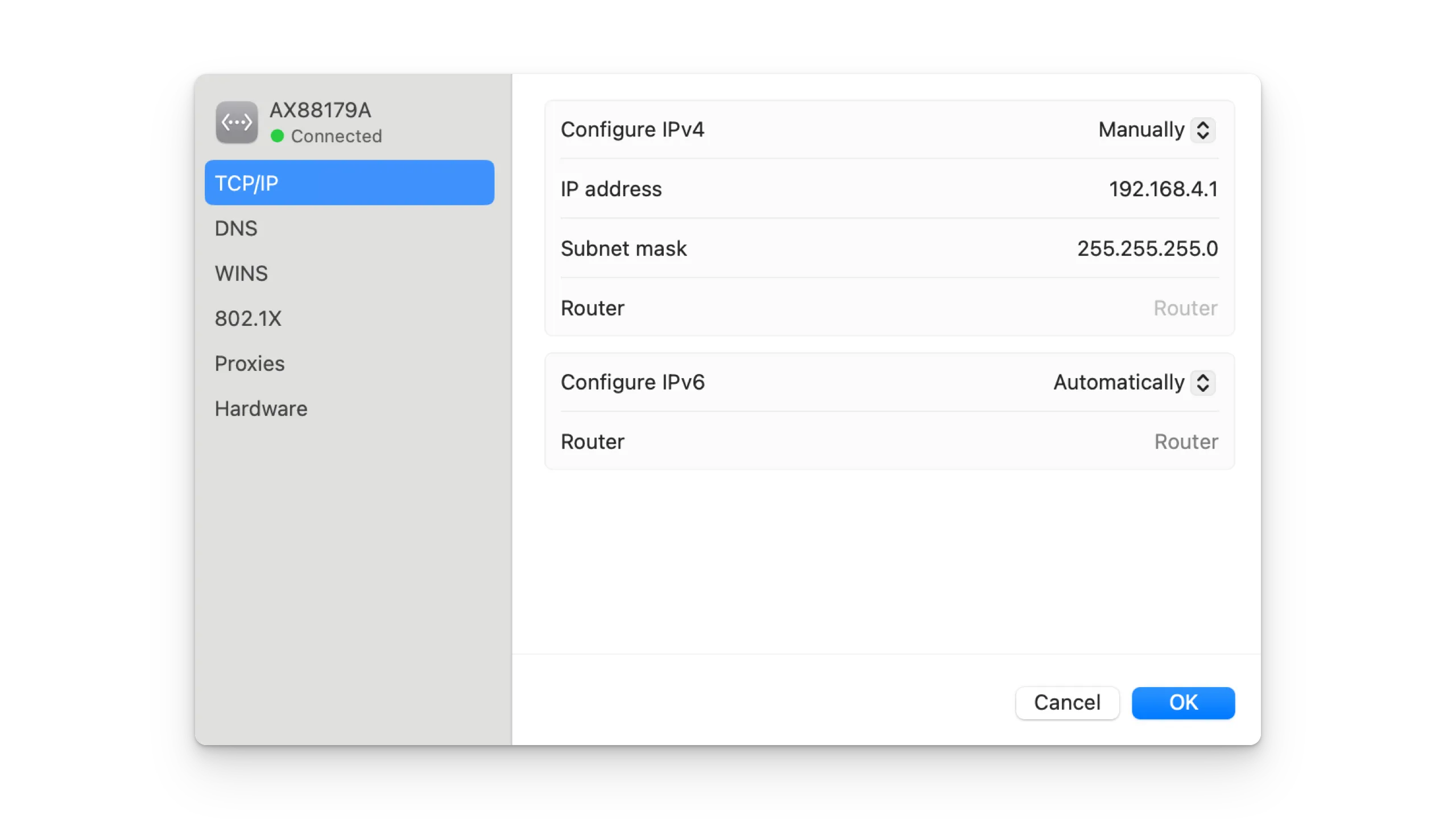 Figure 2. MacBook Manual IPv4 Network Settings for Direct Connection