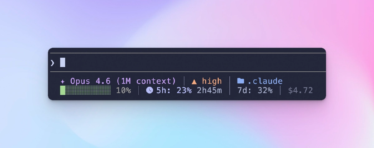 Custom two-line Claude Code status bar showing model, effort, directory, context bar, rate limits, and session cost