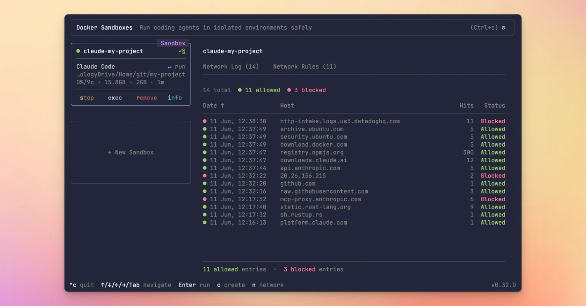 sbx interactive dashboard listing active sandboxes with their resource usage and workspace paths